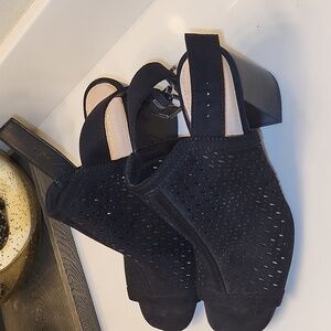 Xappeal Black Perforated Suede Peep-Toe Slingback Block Heels.Like NEW Sz. 6 1/2